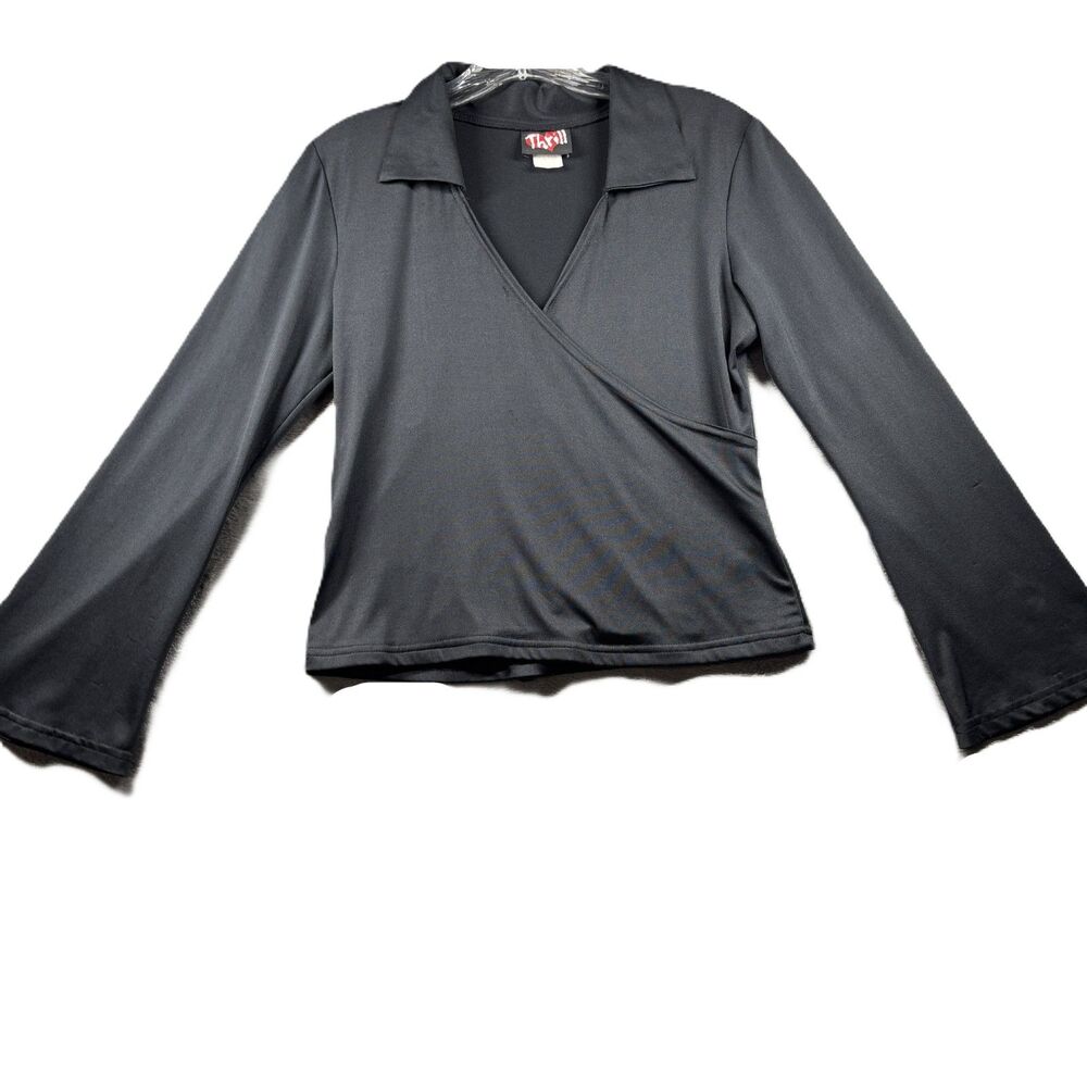 Thrill Women Vintage Y2K Faux Wrap Top Bell Sleeve Goth Witchy Black Medium G358